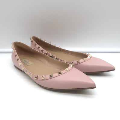 1) Valentino Rockstud pointed-toe leather ballet flats in powder pink, authentic pre-owned EU 40 (fits US 9) 2) Valentino Rockstud leather flats, powder pink, authentic pre-owned — pointed toe, EU 40 / US 9 3) Valentino Rockstud pointed-toe flats in powder-pink leather, pre-owned with signature studs, EU 40