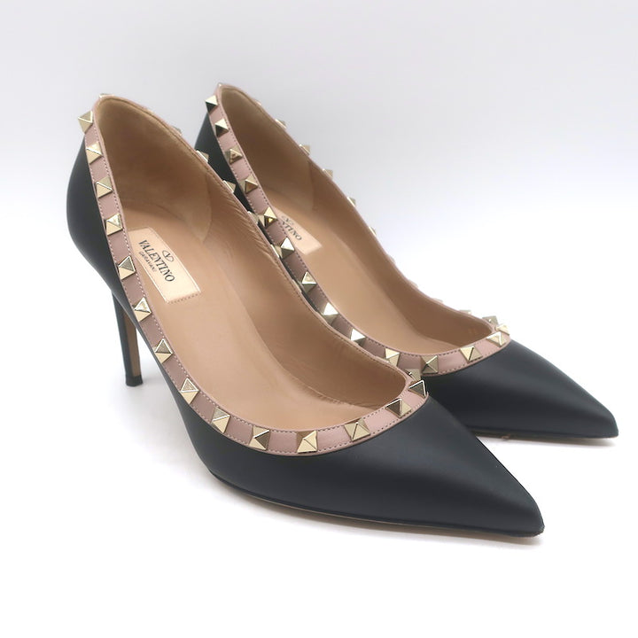 Valentino Rockstud Pointed Toe Pumps Black &amp; Poudre Leather 