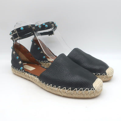Valentino Rockstud Rolling Ankle Strap Espadrille Flats