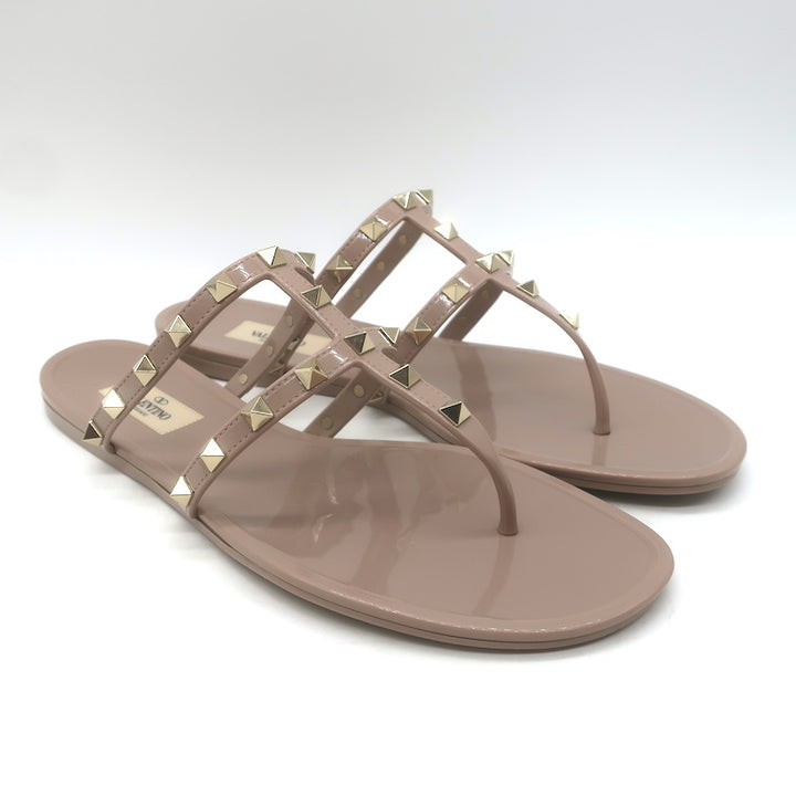 Valentino Rockstud T-Strap Flat Rubber Sandals Poudre 