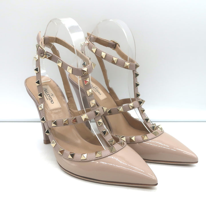 Valentino Rockstud T-Strap Pointed Toe Pumps Poudre Leather &amp; Patent Size 39