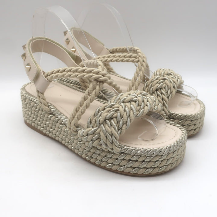 Valentino Rockstud Torchon Rope Platform Wedge Sandals