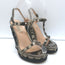 Valentino Rockstud Raffia-Trim Wedge Sandals Gunmetal Metallic Leather Size 35