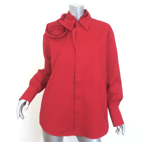 Valentino Rosette Collared Shirt Red Stretch Cotton Size 42 Long