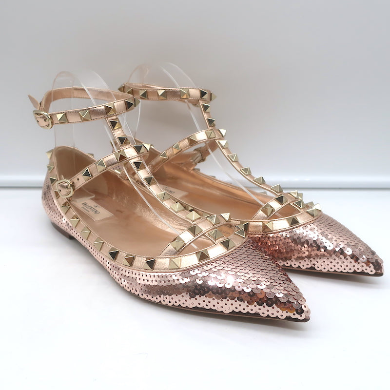 Valentino Sequin Rockstud Caged Ballet Flats Metallic Rose Gold Size 39 NEW