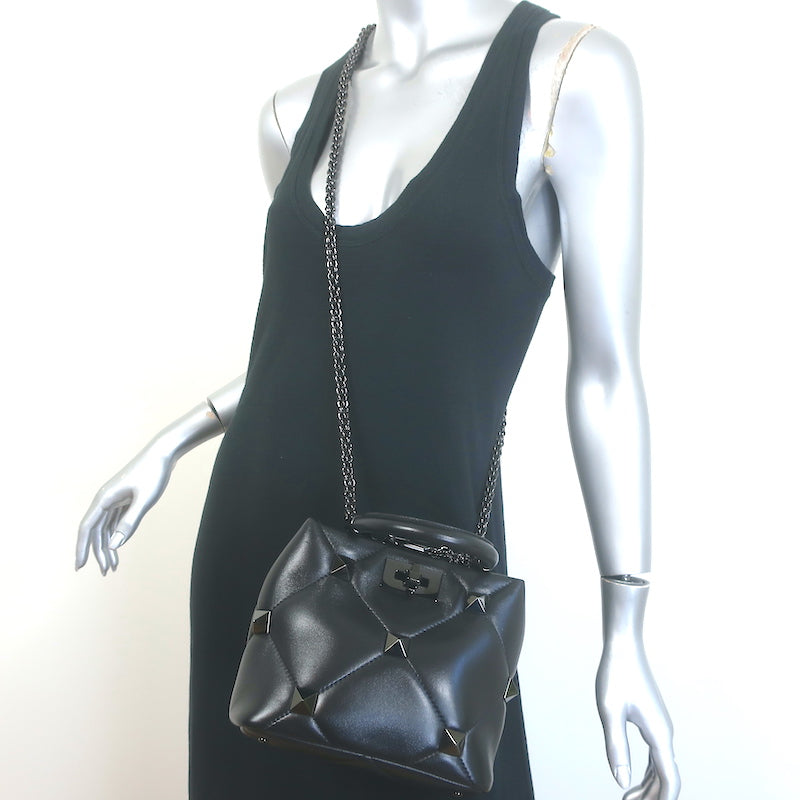 Valentino Small Roman Stud The Handle Bag Black Leather Chain Strap Crossbody