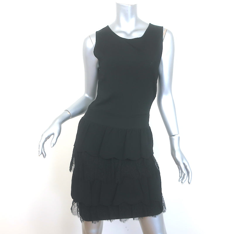 Valentino Tiered Ruffled Stretch Knit &amp; Lace Sleeveless Dress Black Size Medium