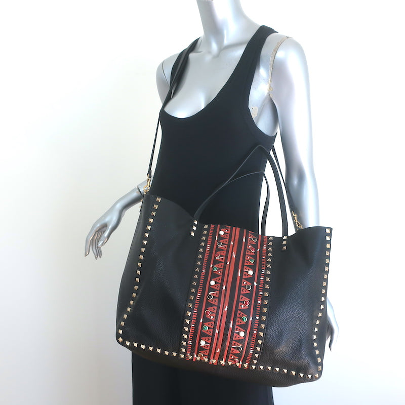 Valentino Tribal Painted Rockstud Tote Black Grained Leather Large Shoulder Bag
