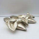 Valentino Unchateau bow mules, gold metallic cracked leather, authentic pre-owned luxury flat, EU 38.5