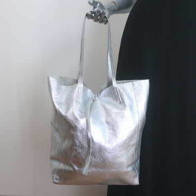 Vera Pelle Tie-Top Metallic Leather Tote Silver 