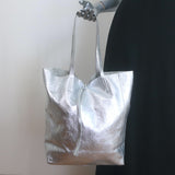 Vera Pelle Tie-Top Metallic Leather Tote Silver 