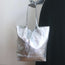 Vera Pelle Tie-Top Metallic Leather Tote Silver Large Shoulder Bag