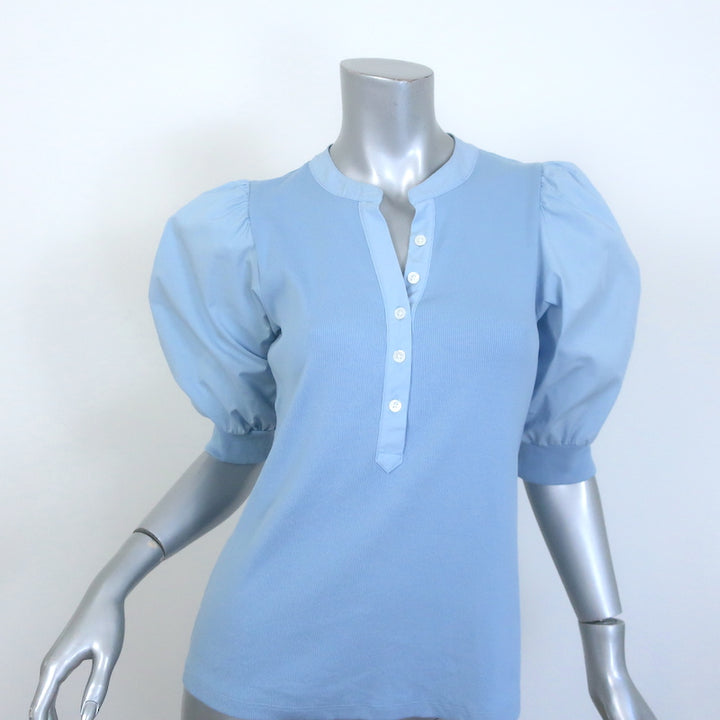 Veronica Beard Coralee Puff Sleeve Top Blue Ribbed Knit &amp; Poplin Size Medium