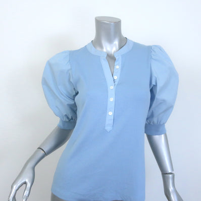 Veronica Beard Coralee Puff Sleeve Top Blue Ribbed Knit & Poplin Size Medium