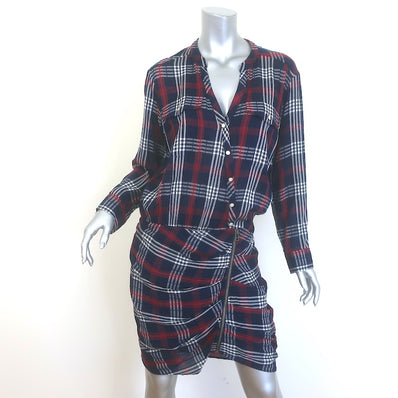 Veronica Beard Emory Ruched Mini Shirt Dress Navy Plaid