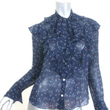 Veronica Beard Finley Ruffled Tie-Neck Top Navy Floral Print Chiffon Size 0