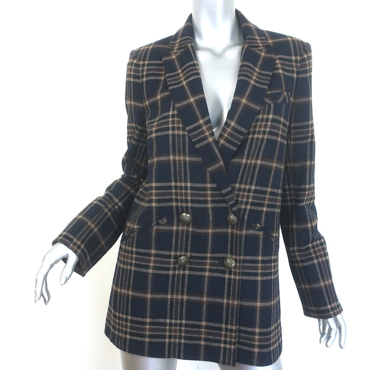 Veronica Beard Oria plaid double-breasted dickey jacket, navy &amp; tan wool-blend — pre-owned, authentic luxury blazer