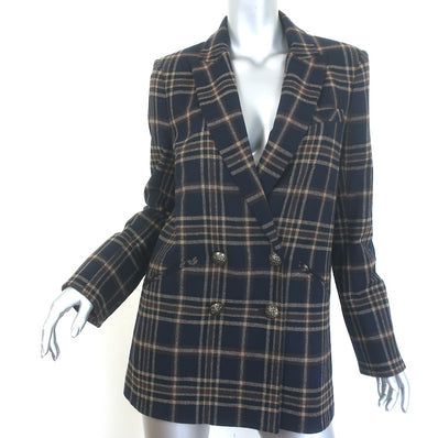 Veronica Beard Oria plaid double-breasted dickey jacket, navy & tan wool-blend — pre-owned, authentic luxury blazer