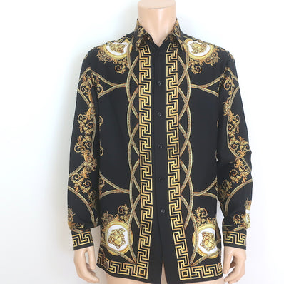 Versace Heritage Fit Barocco Print Shirt Black/Gold Silk Twill Size 48