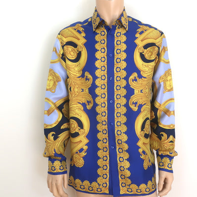 Versace Heritage Fit Baroque Garland Print Shirt Blue/Gold Silk Twill Size 48