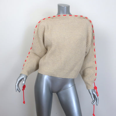 Victoria Beckham cord-gathered ribbed wool sweater in oatmeal, authentic pre-owned luxury piece, size S