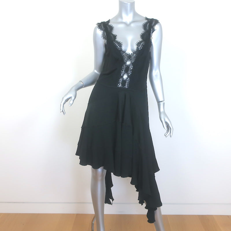 Victoria Beckham Lace-Trim Ruffled Mini Dress Black Satin & Jersey Size US 8