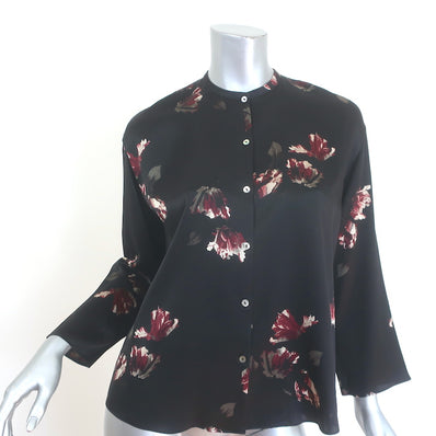 Vince Button Down Blouse Black Tulip Print Satin Size Extra Extra Small