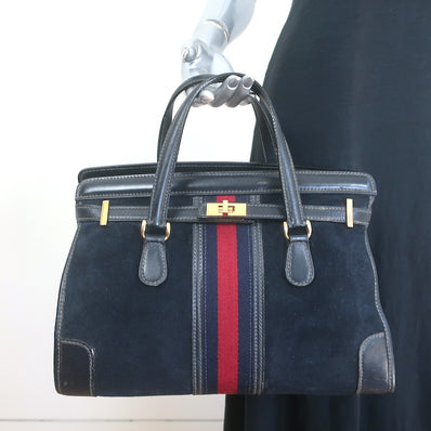 Vintage 1970s Gucci Web Stripe Doctor Bag Black Suede Medium Tote