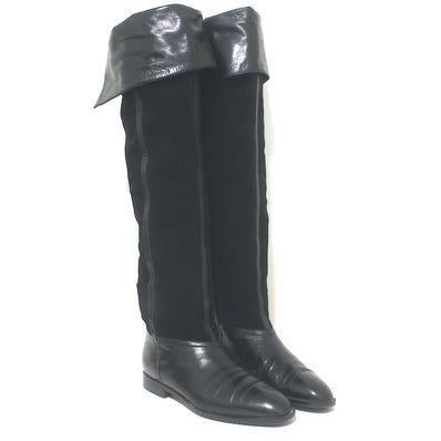 Vintage Bottega Veneta Over the Knee Flat Boots Black Leather & Suede Size 38