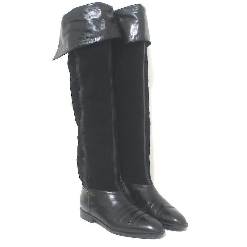 Vintage Bottega Veneta Over the Knee Flat Boots Black Leather & Suede Size 38