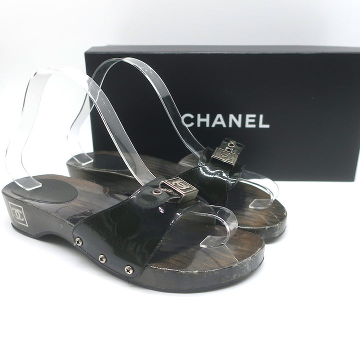 Vintage Chanel 04P Lacquered Wood CC Clog Sandals