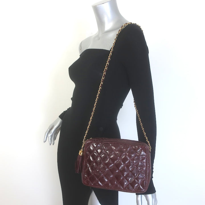 Vintage Chanel 1987 Quilted Lizard Skin Tassel Camera Bag