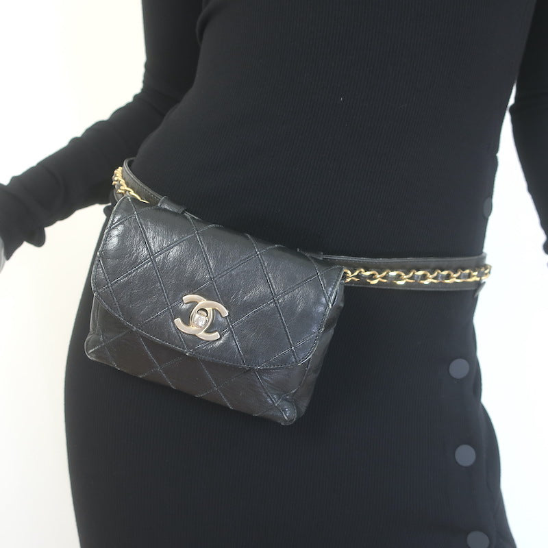 Vintage Chanel CC Turnlock Chain-Trimmed Quilted Mini Belt Bag 