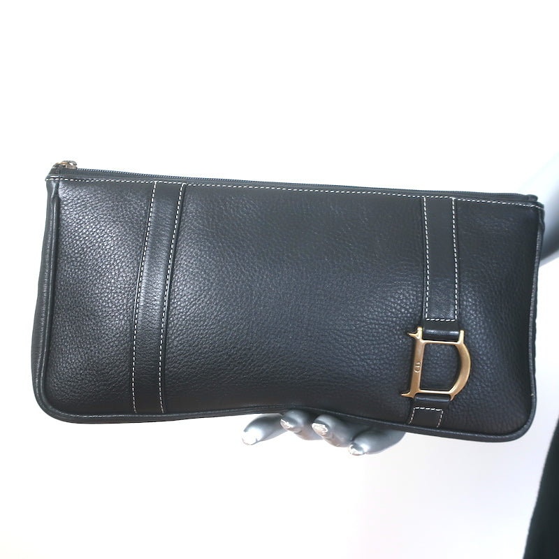 Vintage Christian Dior Small D Clutch Black Grained Leather