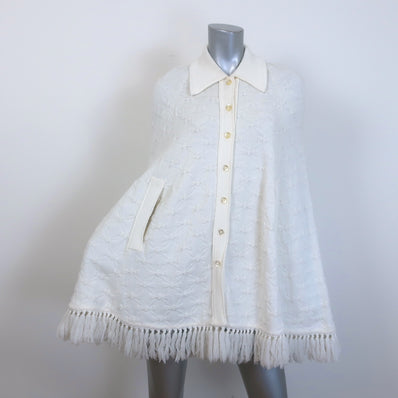 Vintage Cuddle Knit Fringed Bow Knit Cape Sweater Cream One Size