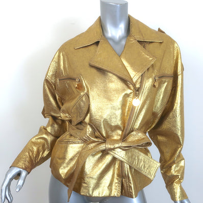 Vintage Donna Karan Metallic Leather Belted Motorcycle Jacket Gold Size 6