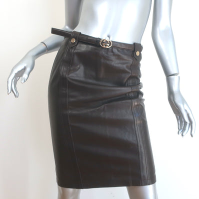 Vintage Gucci Tom Ford GG Belted Leather Pencil Skirt Dark Brown Size 40