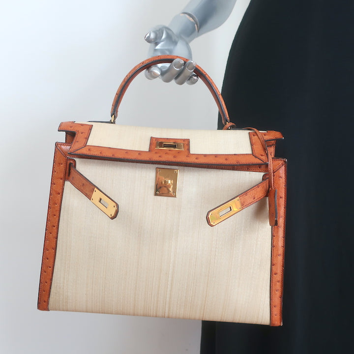 Vintage Hermes Kelly 32 Bag Crinoline Horse Hair &amp; Gold Ostrich Gold Hardware