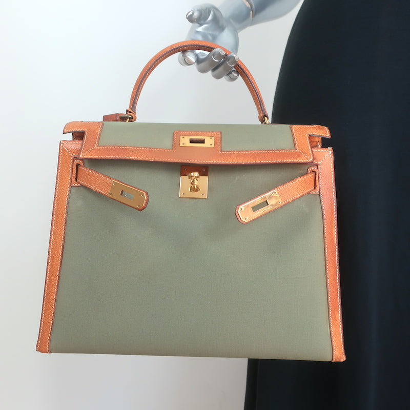 Vintage Hermes Kelly Retourne 32 Bag Olive Canvas & Gold Peau Porc