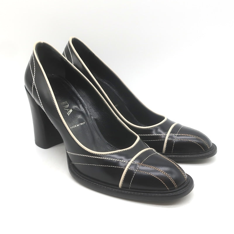 Vintage Prada Top-Stitched Pumps Black Spazzolato Leather Size 38