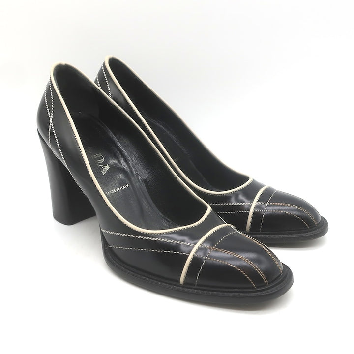 Vintage Prada Top-Stitched Pumps Black Spazzolato Leather Size 38