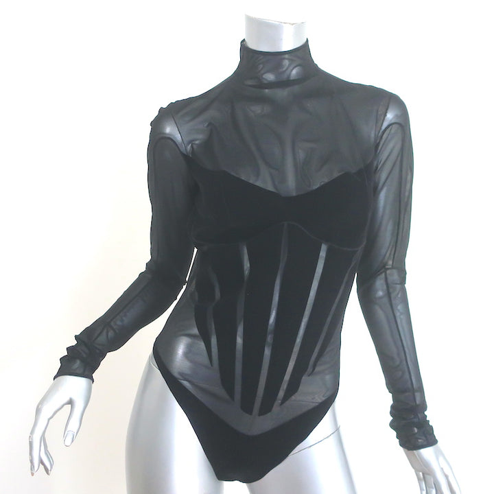 Wolford x Mugler Flock Shaping Bodysuit Black Velvet &amp; Mesh Size Medium NEW