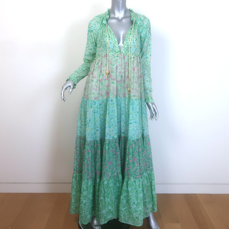 Yvonne S Hippy Tiered Maxi Dress Aqua Floral Print 