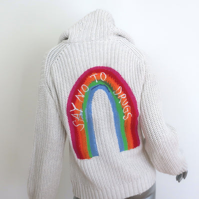 Zadig & Voltaire Anya Rainbow Zip-Up Hoodie Sweater Ecru Cotton Size Extra Small