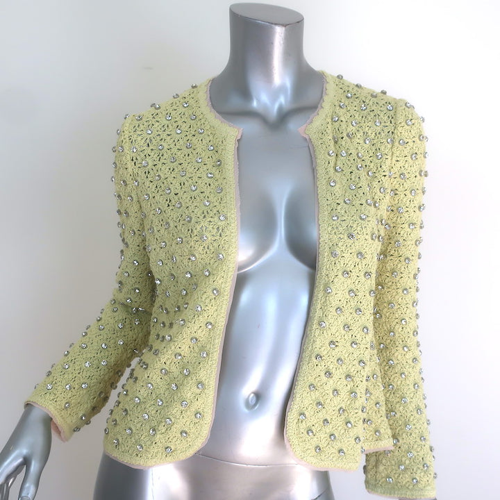 Zara Crystal-Embellished Crochet Knit Cardigan Light Yellow