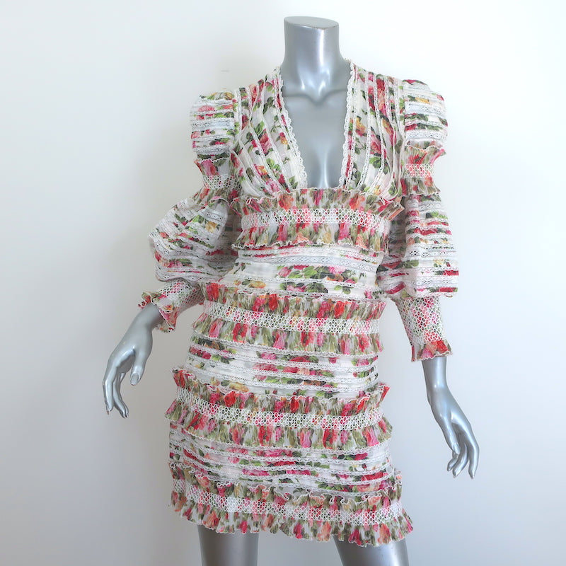 Zimmermann Billows Smocked Mini Dress White Floral Print Linen-Silk Size 1