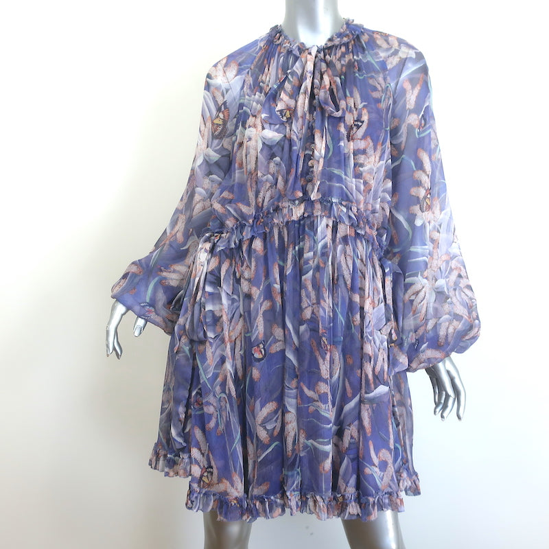 Zimmermann Botanica Tie-Neck Blouson Sleeve Dress Purple Floral Chiffon Size 1