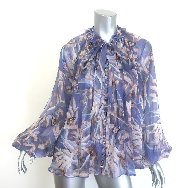 Zimmermann Botanica Tie-Neck Swing Blouse Lavender Butterfly