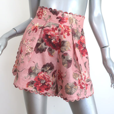 Zimmermann Cassia Scalloped Shorts Pink Floral Print Linen Size 00