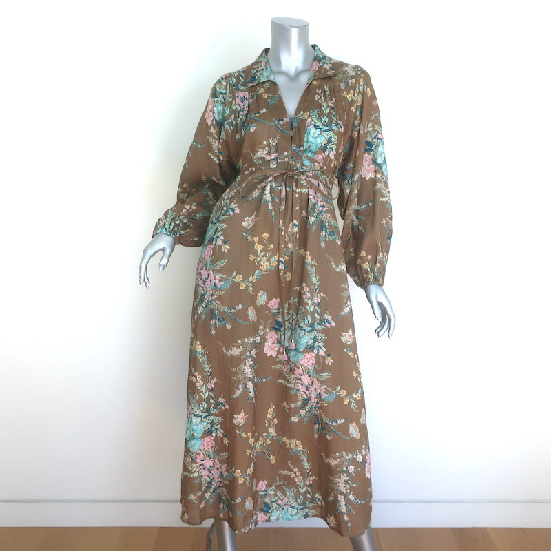 Zimmermann Cassia Tie-Waist Midi Dress Olive Brown Floral Print Linen Size 2